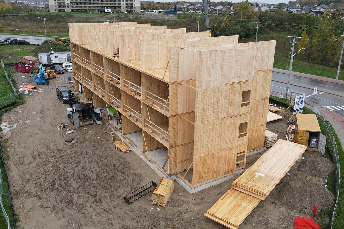 Aerial view of the timber structure rising during construction