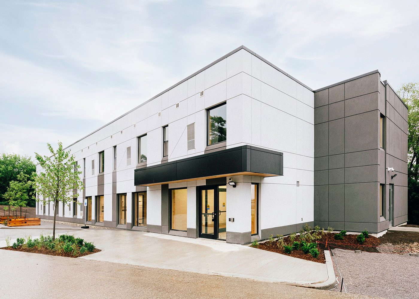Main entrance of the completed two-storey building