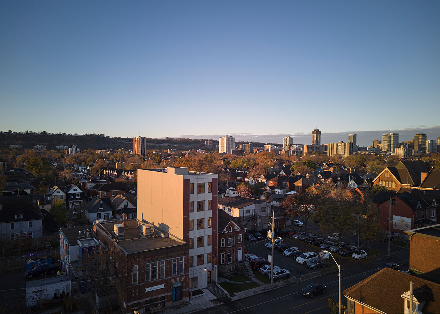 412 Barton and the surrounding Hamilton neighbourhood at sunset